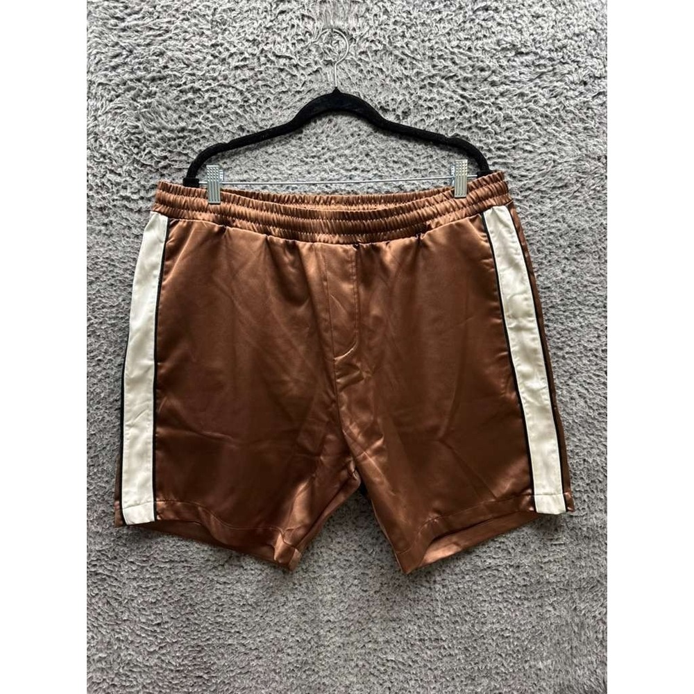 Reiss X Che‎ High Rise Stripe Elastic Waist Satin Swim Shorts Brown Mens Size 38